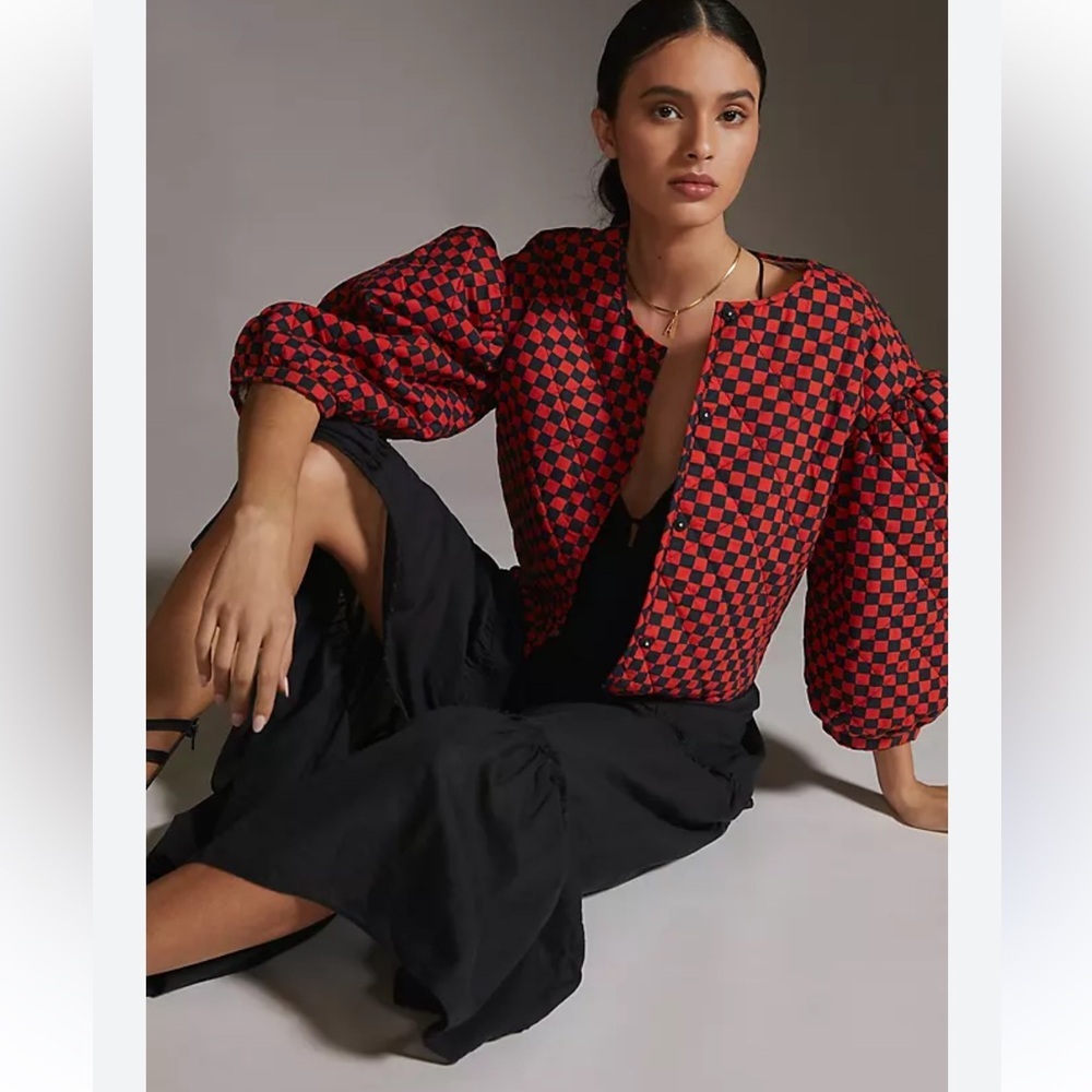 Clare V Red and Black Check Puff Sleeve Jacket *runs large*